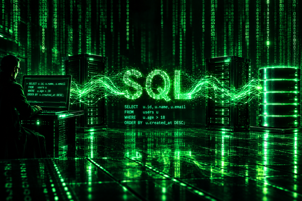 A futuristic, dark cyber-themed scene with a programmer sitting at a terminal on the left. Green binary code streams vertically down the background among glowing server racks. In the center, a vibrant green energy wave forms the text "SQL", hovering over a displayed query: SELECT u.id, u.name, u.email FROM users u WHERE u.age > 18 ORDER BY u.created_at DESC;.