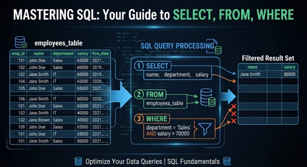 An educational infographic titled "MASTERING SQL: Your Guide to SELECT, FROM, WHERE". The left side displays a mock database table named employees_table. The center shows a three-step visual pipeline illustrating how SELECT, FROM, and WHERE filters data. The right side displays the final "Filtered Result Set" table showing the filtered row matching the conditions.
