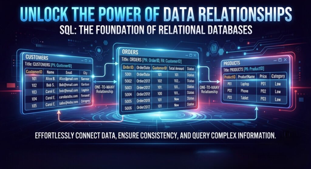 A digital infographic titled "UNLOCK THE POWER OF DATA RELATIONSHIPS". It visualizes three interconnected holographic tables: CUSTOMERS, ORDERS, and PRODUCTS. Glowing blue lines map the connections between tables, labeled as "ONE-TO-MANY Relationship", demonstrating how relational databases connect information