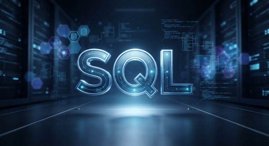 A sleek, modern 3D metallic text logo spelling "SQL" floating in the center of a dark data center corridor. The scene is illuminated by neon blue lights reflecting off a polished floor, with out-of-focus server racks, database nodes, and technical schematic lines blurring into the background.