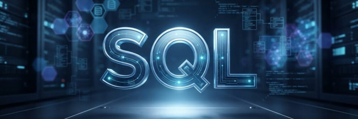 A sleek, modern 3D metallic text logo spelling "SQL" floating in the center of a dark data center corridor. The scene is illuminated by neon blue lights reflecting off a polished floor, with out-of-focus server racks, database nodes, and technical schematic lines blurring into the background.