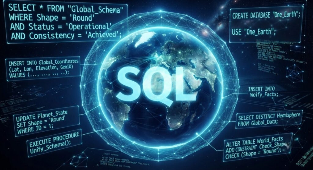 A conceptual digital illustration showing a glowing hologram of Earth surrounded by a geodesic data mesh. The letters "SQL" are written boldly across the center of the globe. Surrounding the planet are floating transparent blue windows containing fictional, earth-themed SQL commands such as CREATE DATABASE "One_Earth"; and SELECT * FROM "Global_Schema" WHERE Shape = 'Round';
